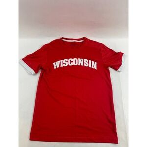 BOX Seat T-Shirt Men's Size Small Red WISCONSIN Short Sleeve with White Cuff Tee